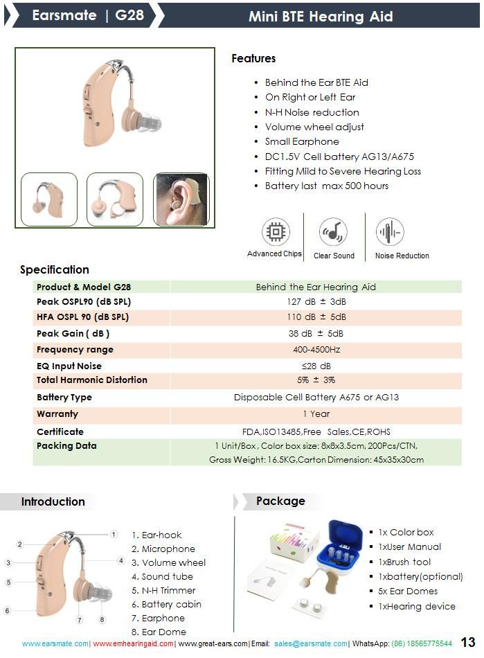 New Earphone Small in Ear Hearing Amplifier for Mild Moderate Severe Loss Analog Hearing Aid Noise Reduction and 500hours Battery Life Earsmate G28