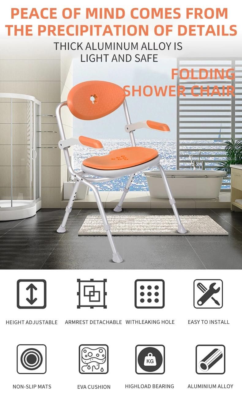 Aluminum Adjustable Bathroom Chair Shower with Arm for Elderly Folding Shower Chair Bath Seat