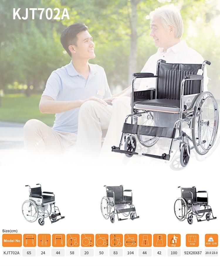 Chrome Cover Frame Commode Wheelchair Aluminum Footplate Fix Armrest and Footrest PVC Soft Seat Board Get CE FDA Weight Capacity 100kgs Wheel Chair
