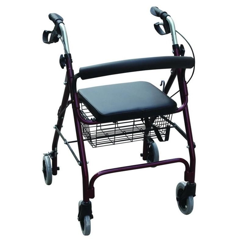 6inch 4 Wheels Padded PVC Soft Seat Easy Carry Folding Aluminum Walking Rollator with Basket Elderly People Use Light Weight Safety Outdoor Walker Frame