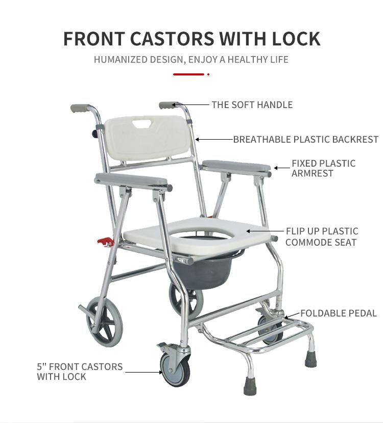 4 Wheels Aluminum Folding Bathroom Toilet Chair Commode