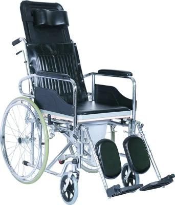 High Back Reclining Steel Manual Wheel Chair for Disabled with Toilet Commode