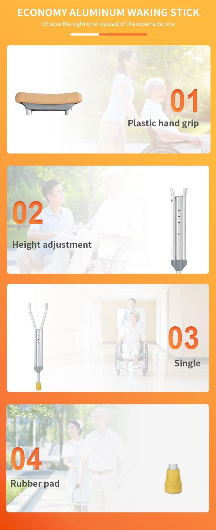 Aluminum Axillary Crutch Aluminum Single Cane Alloy Height Adjust TPR Hand Grip Non-Slip Rubber Walking Stick Medium Size