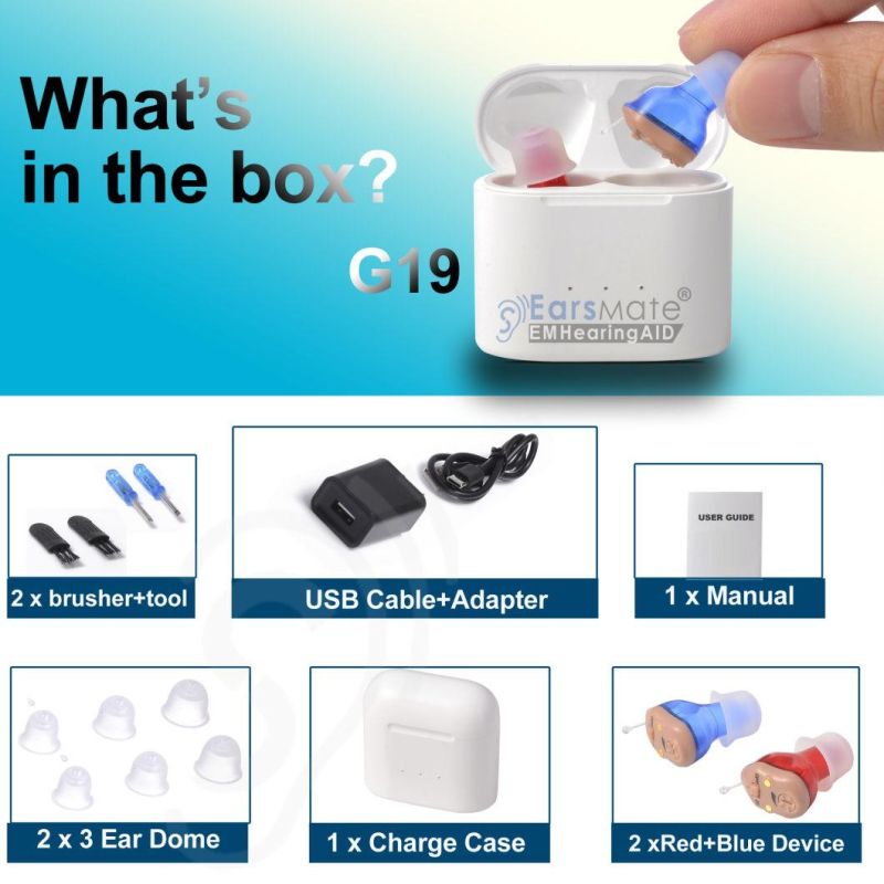 Packed a Pair 2 Wireless Fitting for Hearing Aids Rechargeable Sound Amplifier Invisible in Deaf Ear Right and Left Canal Cic Aids Earsmate G19