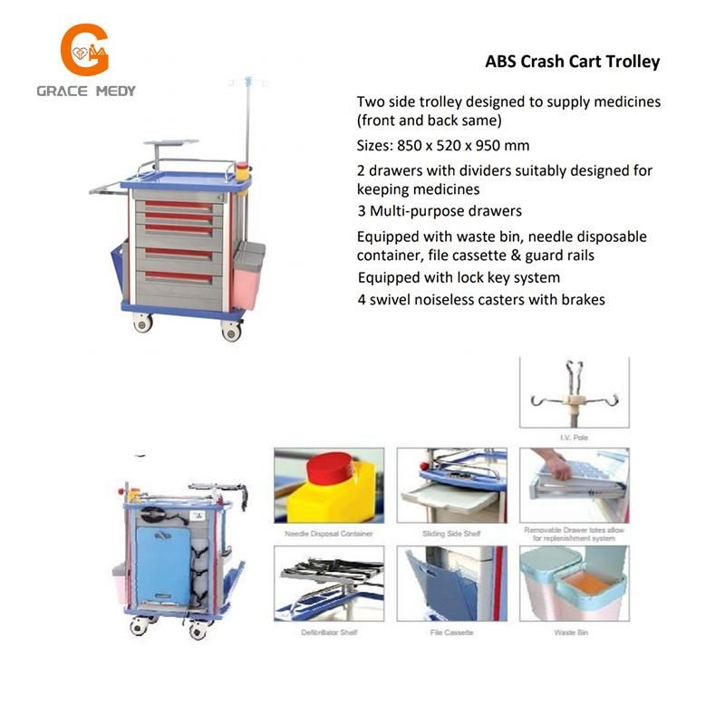 Hospital ABS Plastic Mobile Emergency Trolley Medical Resuscitation Crash Cart with 5 Drawers