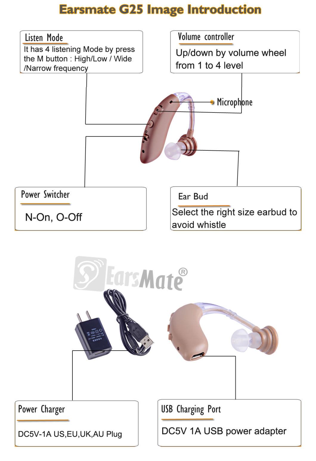 Bte Hearing Aid with Rechargeable Battery and USB Charger 100 Hours
