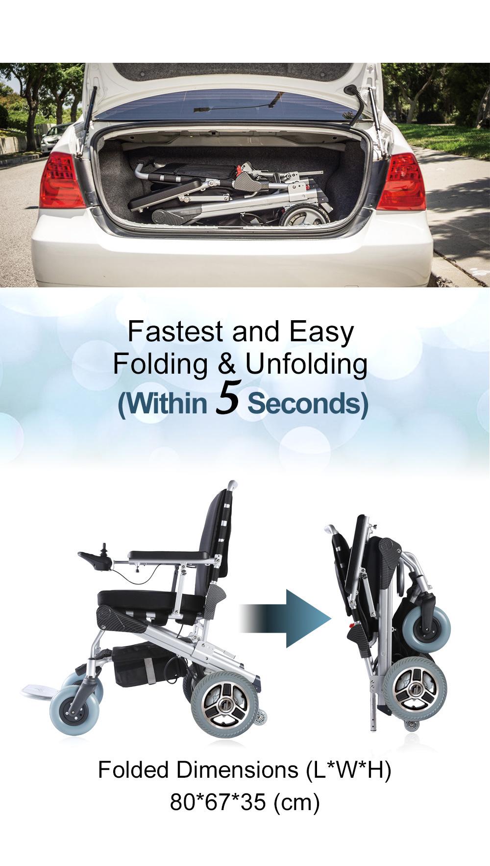 Ultra Strong Fame, Patented Design,East Folding / unfolding, portable and foldable electric mobility wheelchair with 10′′ quick release motors, 15kg only