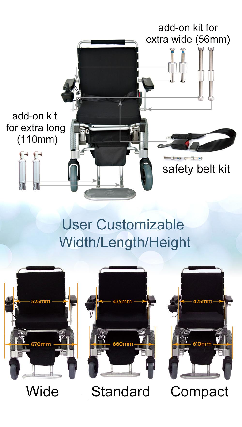 CE TUV Approval 150kg Load Capacity, Patented Design, Comfortable Drive, lightweight folding power electric wheelchair with 10′′ quick release motors