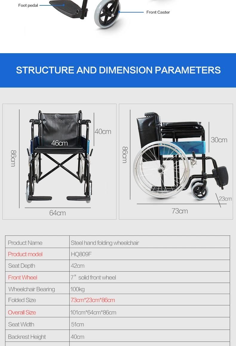 Folding Wheel Chair Chrome Steel Frame Manual Wheelchair for Disable