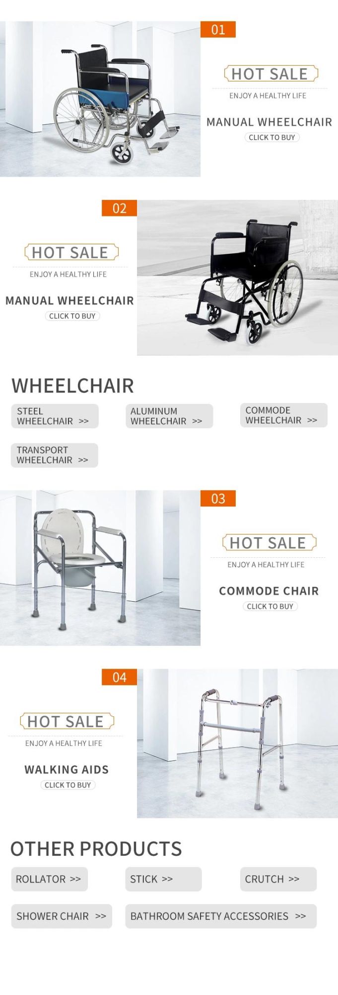 High Back Reclining Steel Manual Wheel Chair for Disabled with Toilet Commode