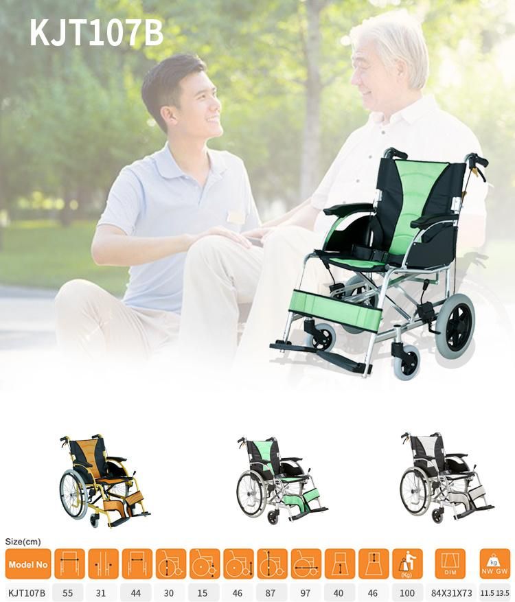 Green Color Breathable Mesh Cushion Wheelchair Can Fold Lightweight Aluminum Wheel Chair Easy Carry 12inch Transport Travel Chair Net Weight 11.5kgs