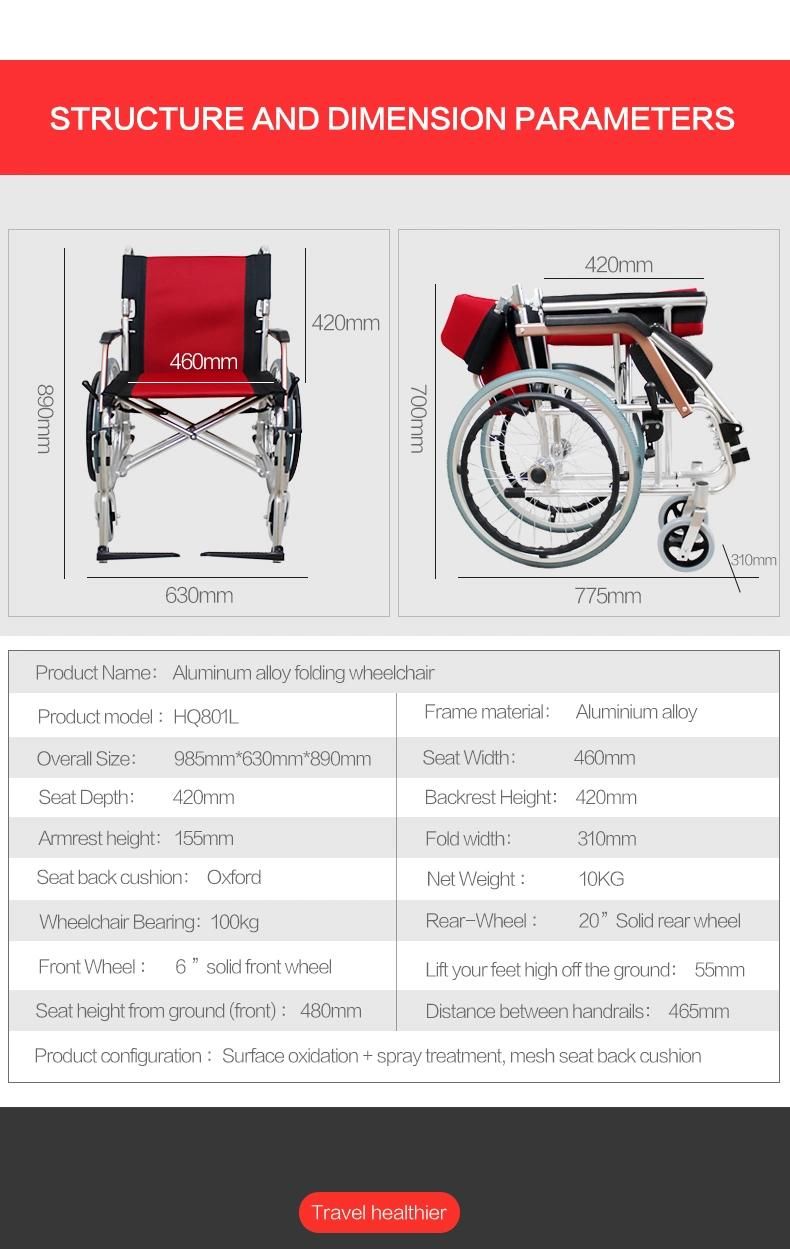 Hanqi Hq801L High Quality Aluminum Manual Wheelchair for Disable
