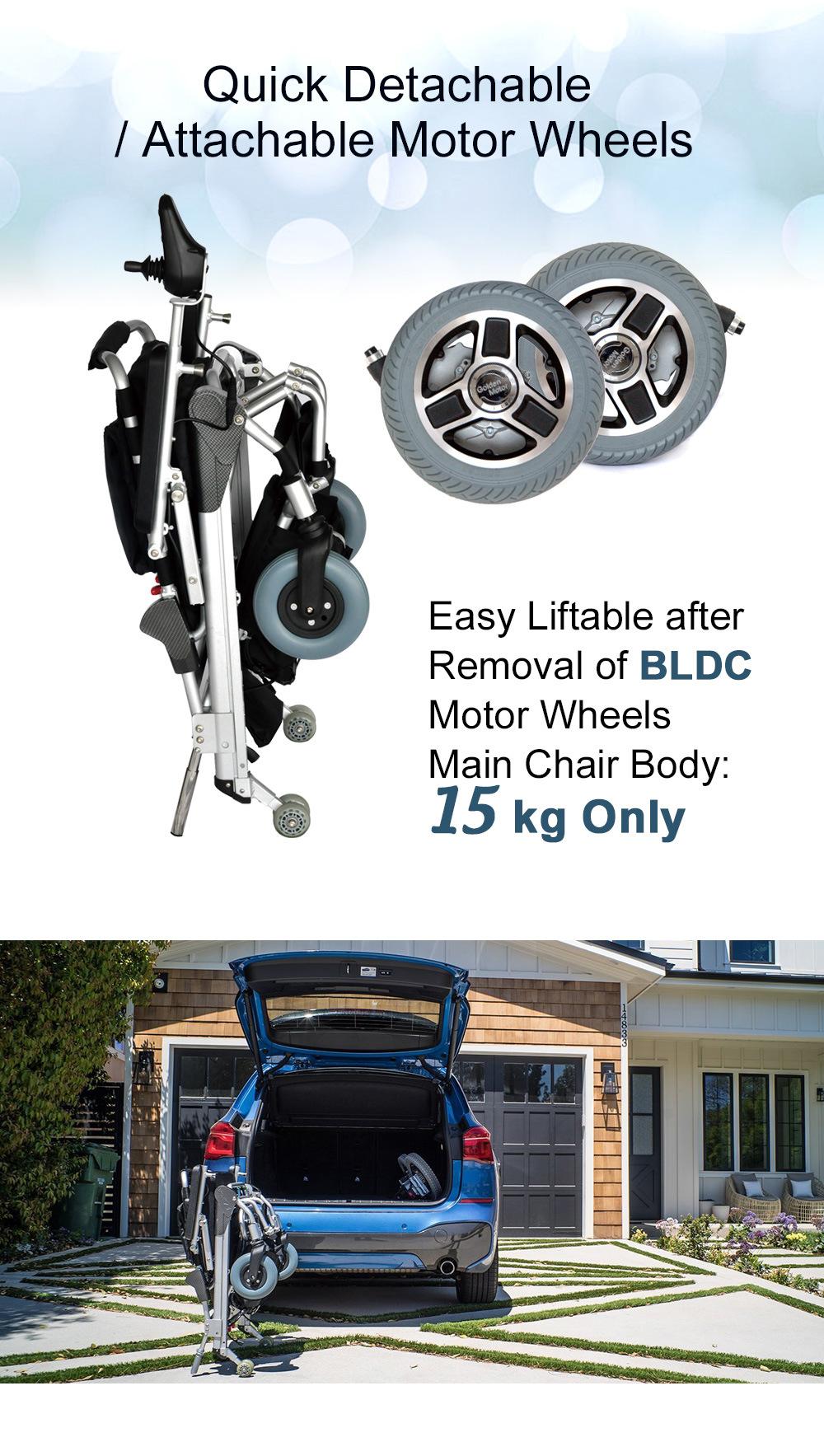 Ultra Strong Fame, Patented Design,East Folding / unfolding, portable and foldable electric mobility wheelchair with 10′′ quick release motors, 15kg only