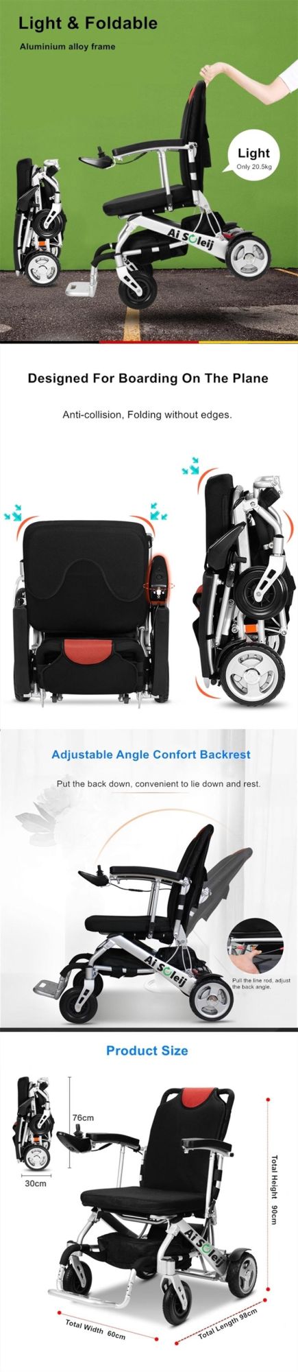 120kg Loading Folding Lightweight Electric Wheelchair with Orthopedic Legrests