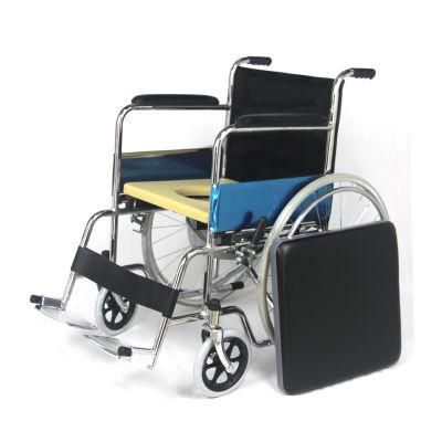 Multifunctional Manual Medical Portable Fold Transport Commode Wheelchair with Bedpan