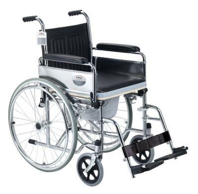 Basic Printed High Quality Manual Folding Steel Commode Chair with Wheels Commode Wheelchair with Bucket Manual Steel Wheelchair