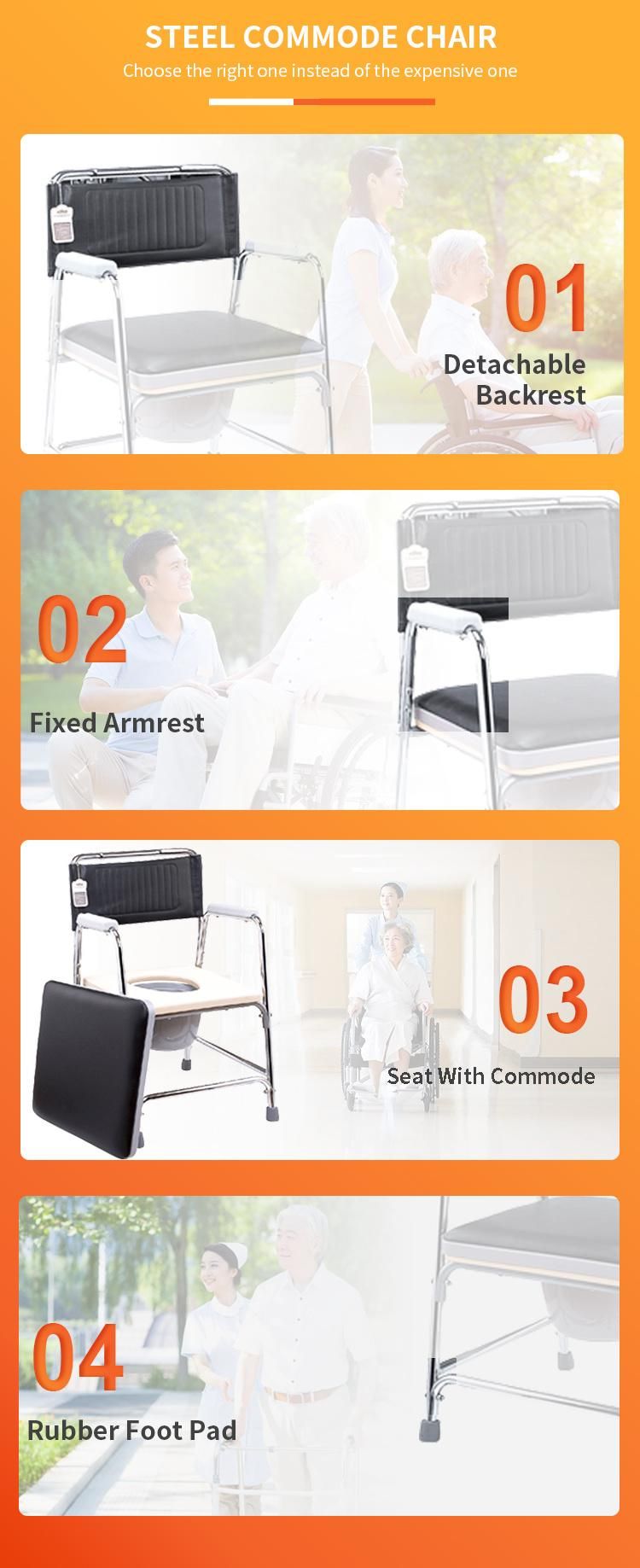 Hot Selling Economy Base Chrome Cover Frame PVC Soft Cushion Seat Board Weight Capacity 100kgs Hospital and Home Can Use Commode Chair Get CE FDA for Elder