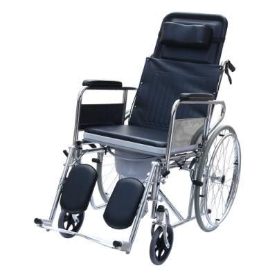 High Back Reclining Steel Manual Commode Wheelchair with Elevating Legrest