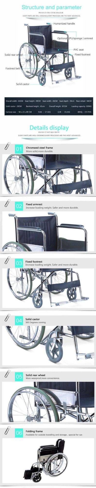 Adult Manual Wheel Chair Chromed Steel Frame Wheelchair for Disability