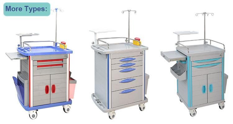 Hospital Mobile ABS Plastic Emergency Trolley Medical Resuscitation Cart 5 Drawers Foot Pedal Price