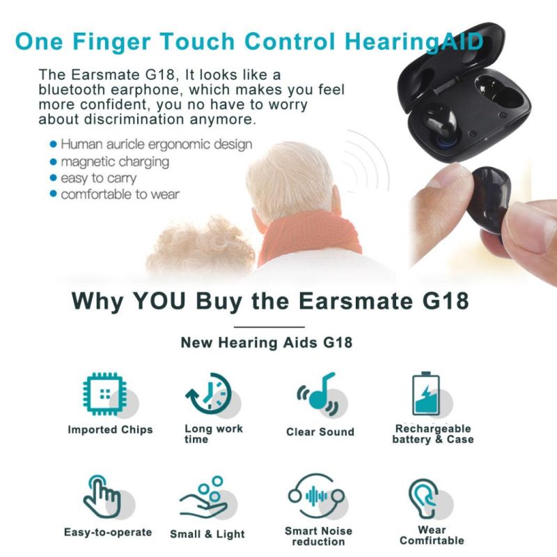 Best Bluetooth Type in The Ear Rechargeable Hearing Aid Cic Cheap Pocket Non Programmable Analog Hearing Aid Voice Sound Amplifier Li Battery Device Machine G18
