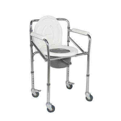 Portable Height Adjustable Steel Frame Chrome Fixed Grey Plastic Armrest Commode Chair Steel Wheelchair Commode