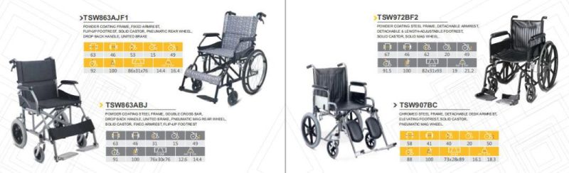 Hospital Lightweight Folding Chromed Steel Manual Transport Wheelchair