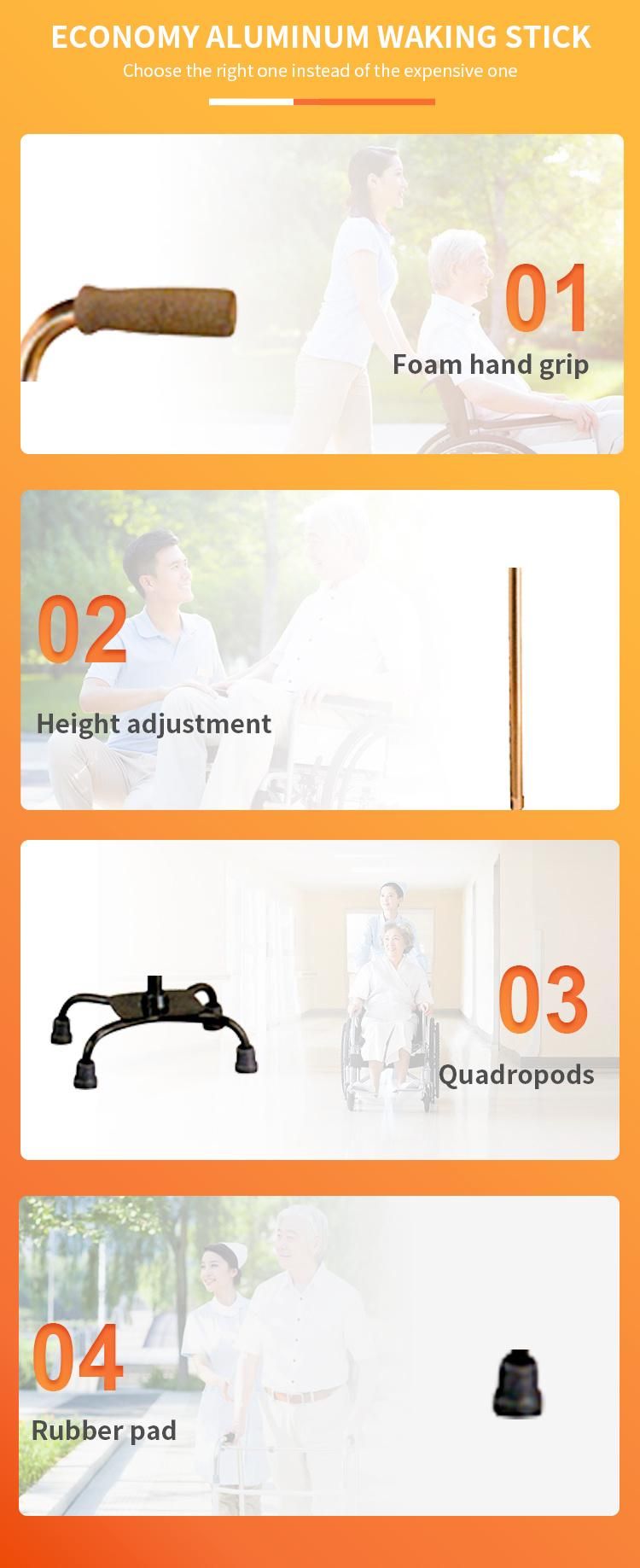 Non-Slip Handle Three Colors for Choose Aluminum Lightweight Easy Carry portable Adjustable Height 4 Legs Walking Stick Get CE FDA Weight Capacity 100kgs