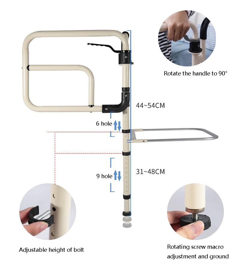 Wheelchair Assist-Bed Rail with Adjustable Handle Height and 90° Rotation