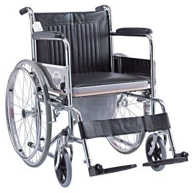 Hospital for Elderly People Multifunctional Patient and Elderly Steel Commode Wheelchair with Bucket Manual Steel Wheelchair