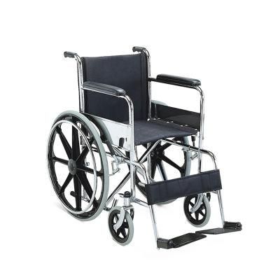 Manual Wheelchair with Chromed Steel Frame Fixed Armrest and Footrest Solid Castor and Rear Wheel
