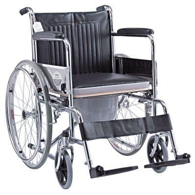 Hot Sale Manual Foldable Chromed Steel Commode Wheelchair for Disabled
