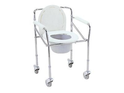 Folding Toilet Chair for Disabled Commode Chair with Bucket Foldable Height Adjustable Chrome Frame Plastic Steel with Wheel Castor