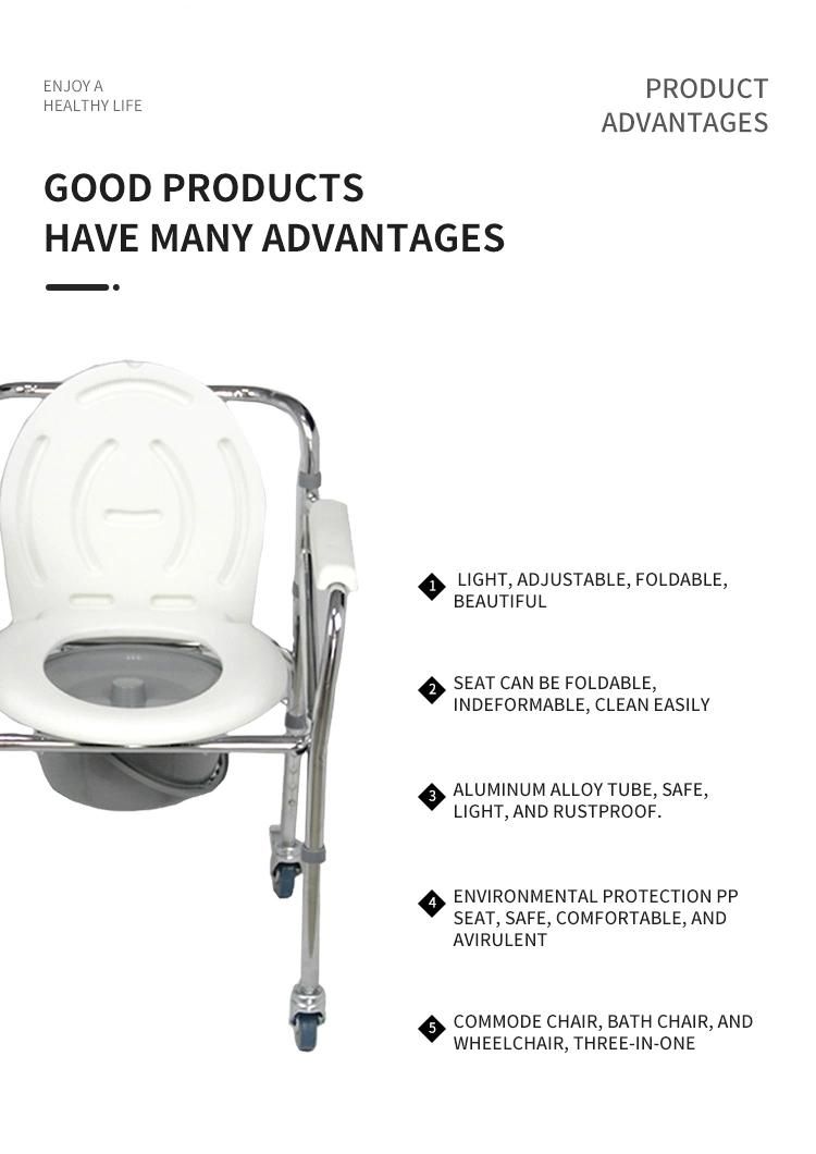 Steel Disabled Comfortable Foldable Mobile Steel Shower Potty Chair Toilet Commode with Wheels