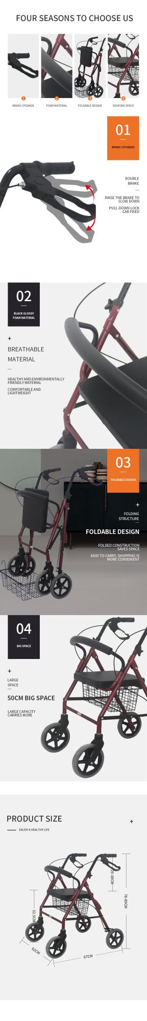 Lightweight Mobility 4 Wheeled Elderly Walker Rollator with Seat Aluminum Walking Aid Frame