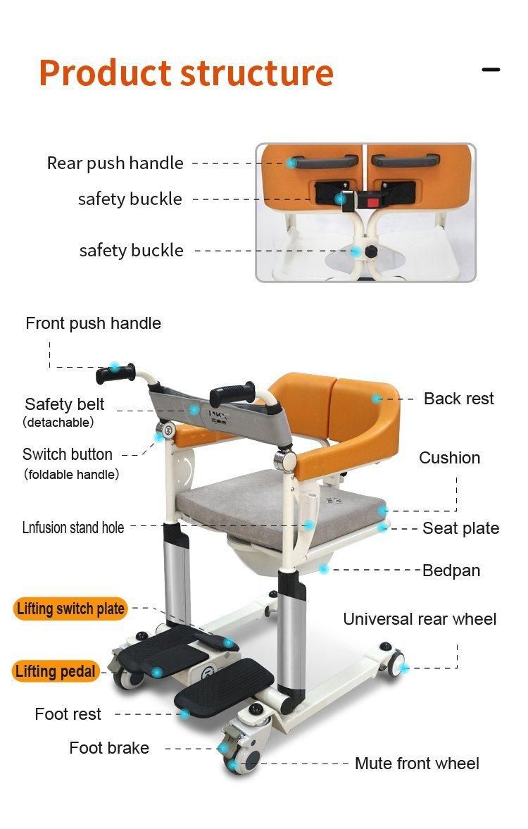 Patient Transfer Lift Adjustable Height Toilet Commode Bath Chair Elderly Disabled Moving Wheelchair Commode