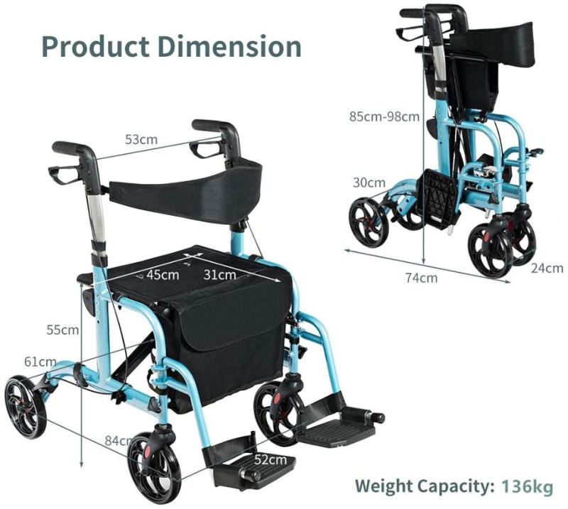 Rollator - Lightweight Folding Disabled Scooter Frame with Seat and Bag - Blue