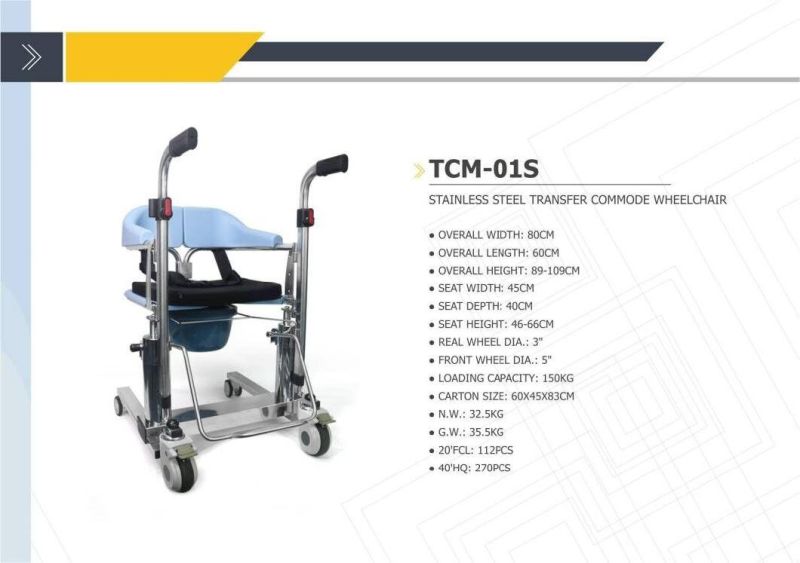 Transfer Commode Wheelchair Model Tcm-01s with Stainless Steel Loading Capacity More Than 150 Kg