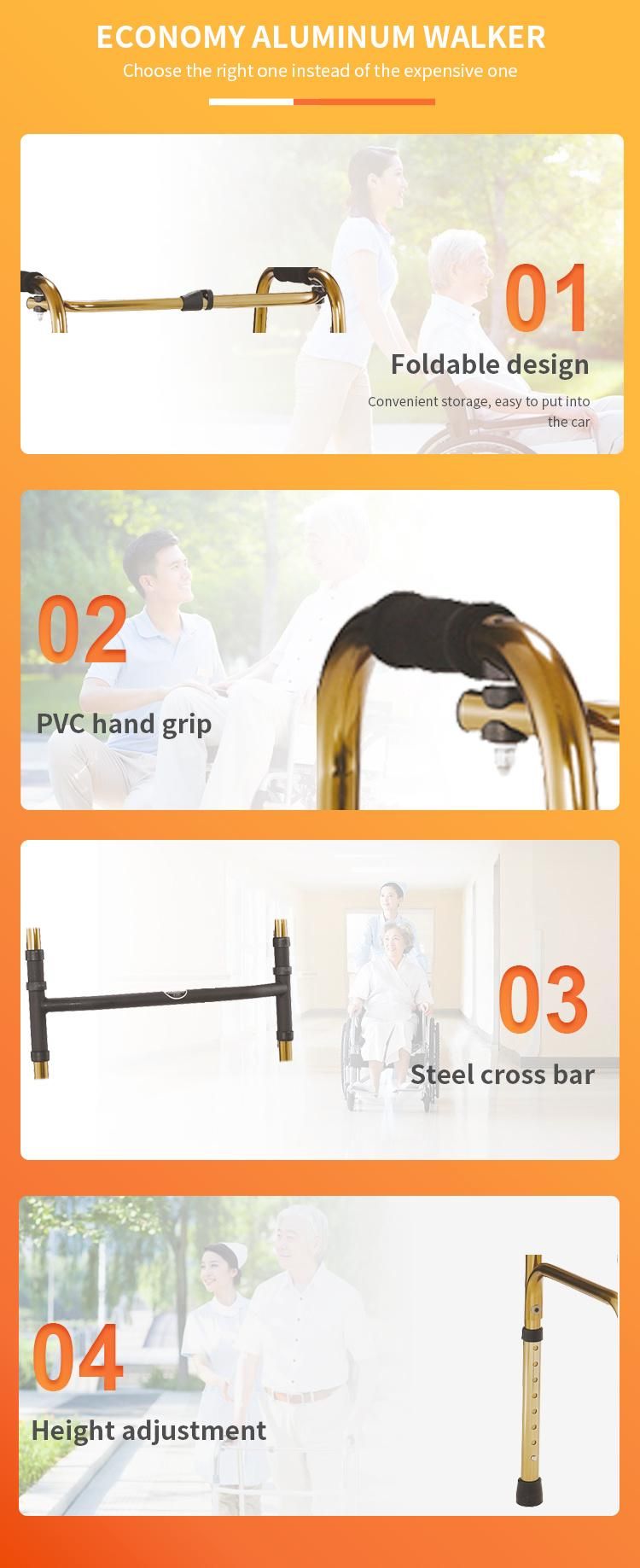 Aluminum Lightweight Brown Color Easy Carry Portable 8 Levels Adjustable Rollator Walker Strong Cross Bar Walker Weight Capacity 100kgs Get CE FDA ISO13485