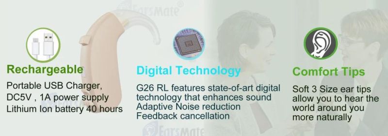 Digital Hearing Aids Bte G26rl Rechargeable & Noise Cancelling Hearing Amplifiers with One Touch Volume Control