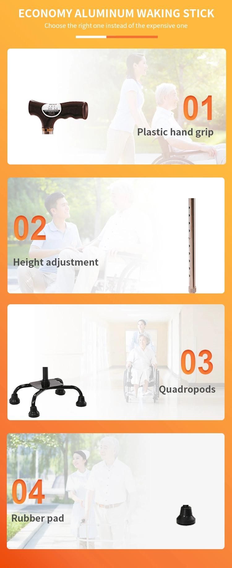 Non-Slip Handle Brown Color Adjustable Height Walking Stick Non-Slip Foot Pad Weight Capacity 100kgs Cane with 4 Legs Hot Selling Cane in Asia Market