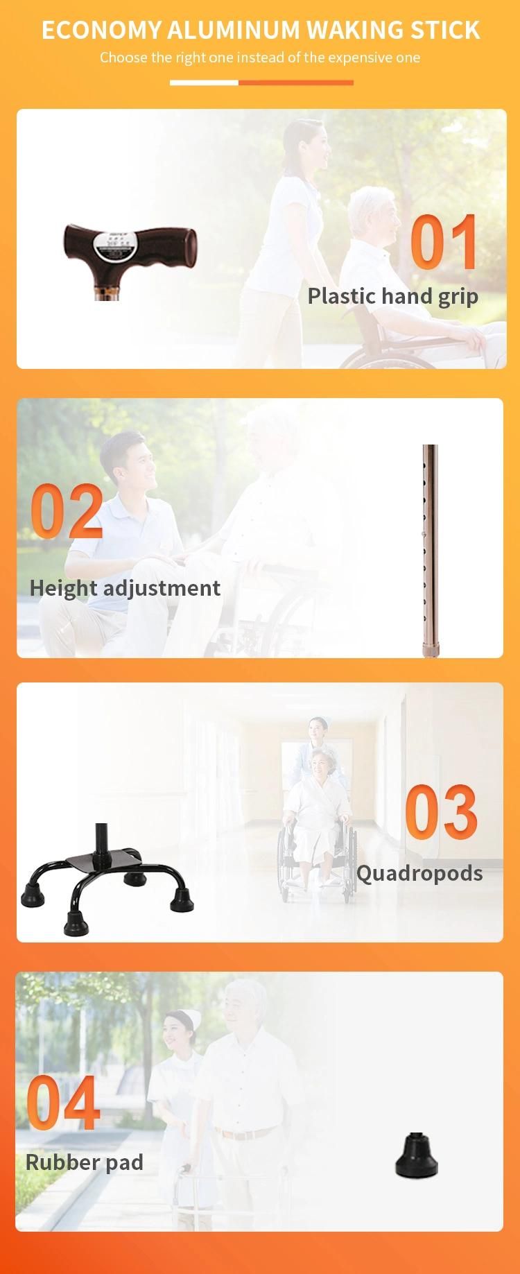 Non-Slip Handle Brown Color Adjustable Height Walking Stick Non-Slip Foot Pad Weight Capacity 100kgs Cane with 4 Legs Hot Selling Cane in Asia Market