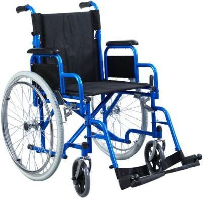 Russia Model Detachable Armrest Detachable Footrest Blue Powder Coated Steel Frame 24&quot; PU Rear Wheel Manual Steel Wheelchair