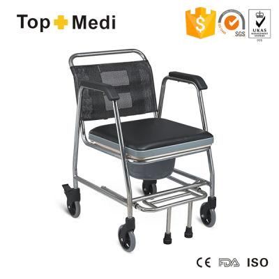 Length Adjustable Footrest Steel Commode Wheelchair with Netted Back Rest