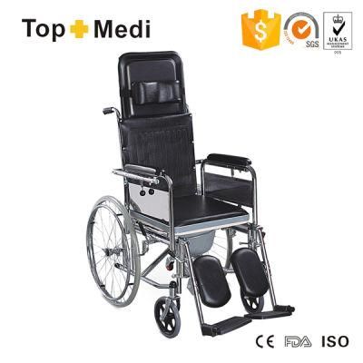 Topmedi Reclining High Back Steel Commode Wheelchair with Headrest