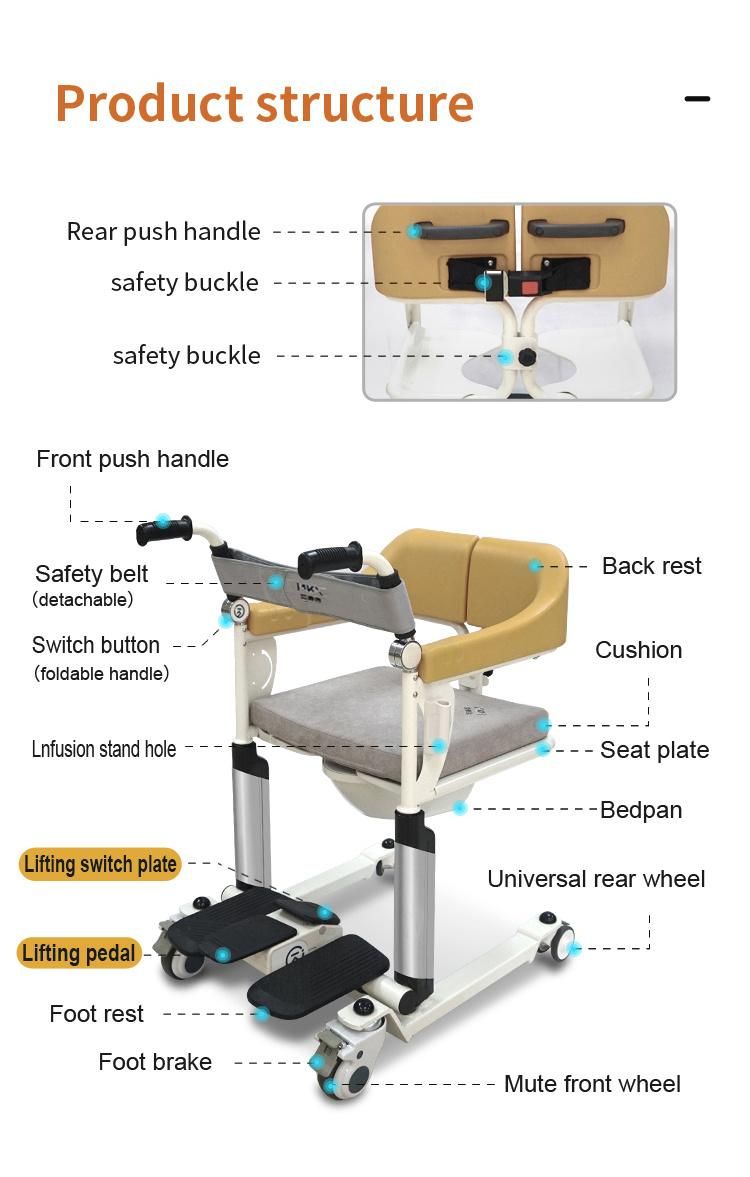 Steel Frame Waterproof Shower Transfer Chair Transport Chair Commode for Elderly