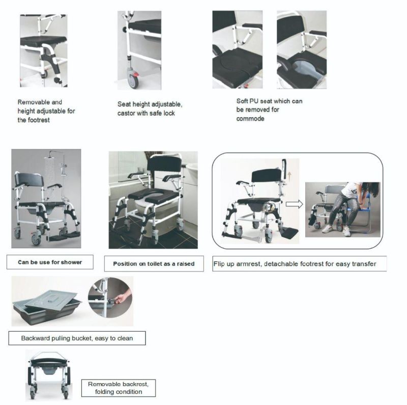 Multi-Function Folding Aluminum Commode Wheelchair with Toilet Bath