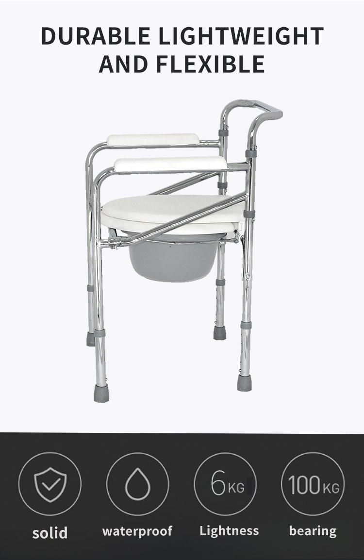 Home Care Folding Steel Commode Chair Potty Toilet Bath Chair Transfer Bedside Commode with Bedpan Elderly