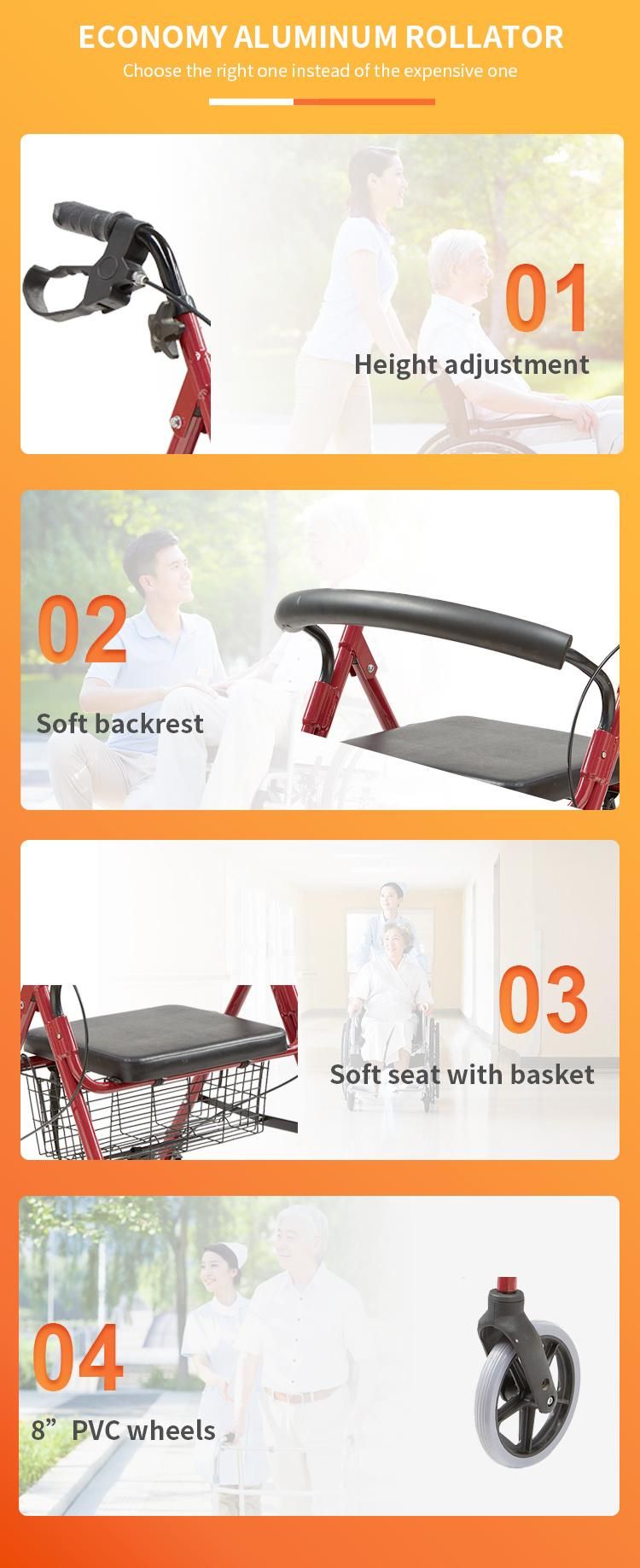 8" Inch Castor Aluminum Rollator Walker Frame with Seat Soft Backrest Easy Carry Folding Wheelchair Shopping Basket for Elderly