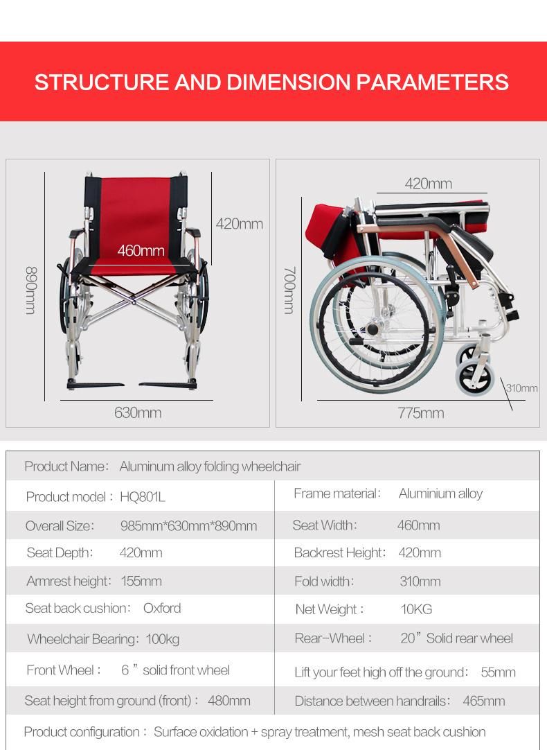 Portable Lightweight Aluminum Transport Manual Wheelchair for Disabled and Elderly